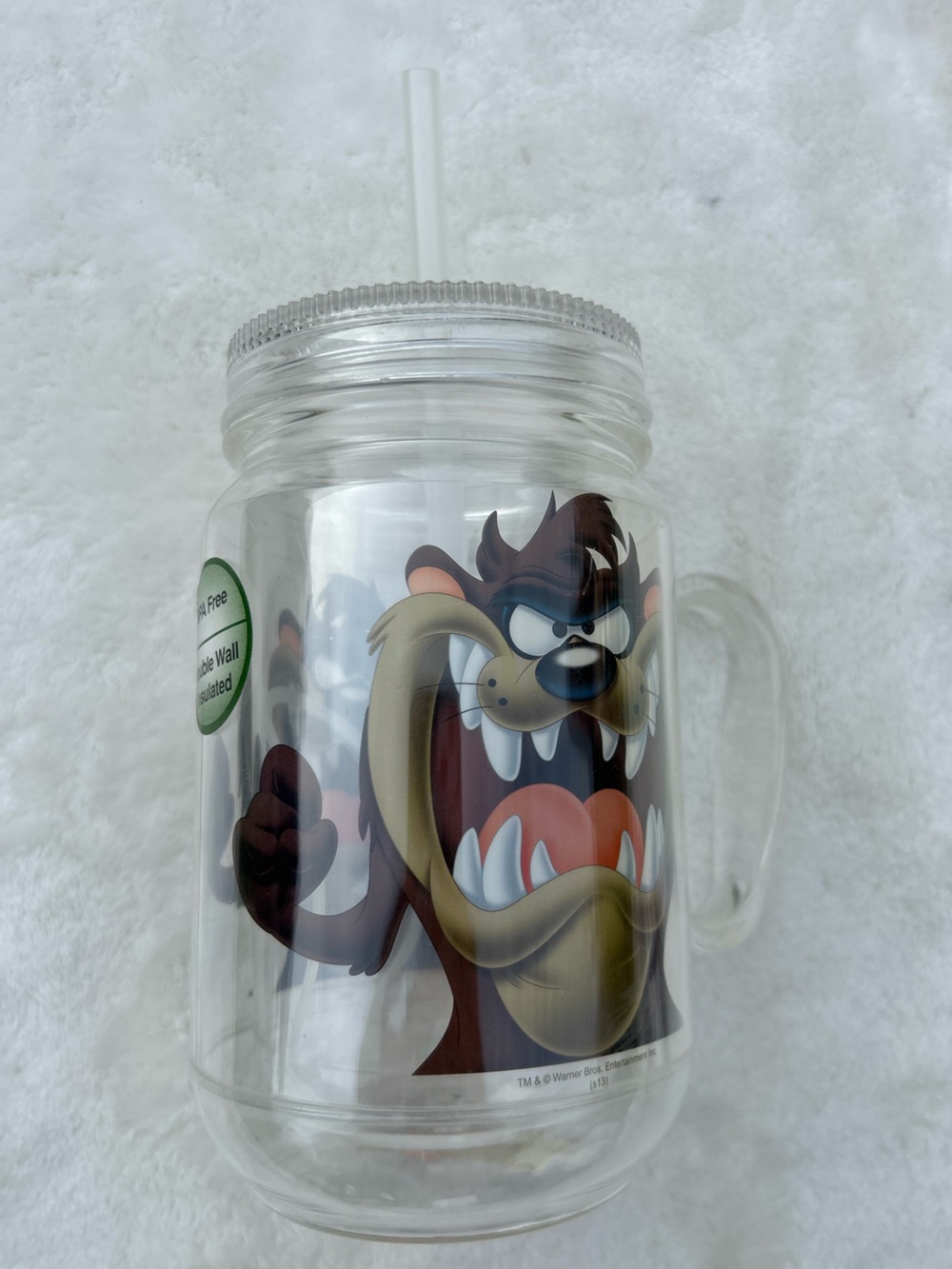 Looney Tunes Taz Clear Mason Jar Mug with Straw (NEW)